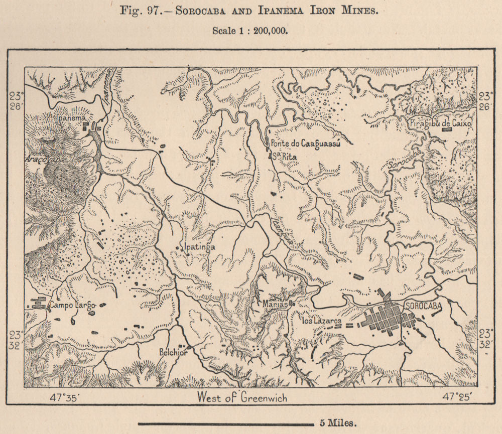 Sorocaba and Ipanema Iron mines. Brazil 1885 old antique map plan chart